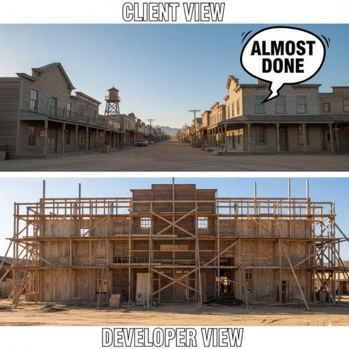 A two-panel meme comparing client view vs developer view of software progress. Top panel shows a polished, fully built Western movie set street with a speech bubble saying 'Almost Done'. Bottom panel reveals the back of the same set — bare wooden scaffolding and unfinished construction, representing the developer's reality. A two-panel meme comparing client view vs developer view of software progress. Top panel shows a polished, fully built Western movie set street with a speech bubble saying 'Almost Done'. Bottom panel reveals the back of the same set — bare wooden scaffolding and unfinished construction, representing the developer's reality.