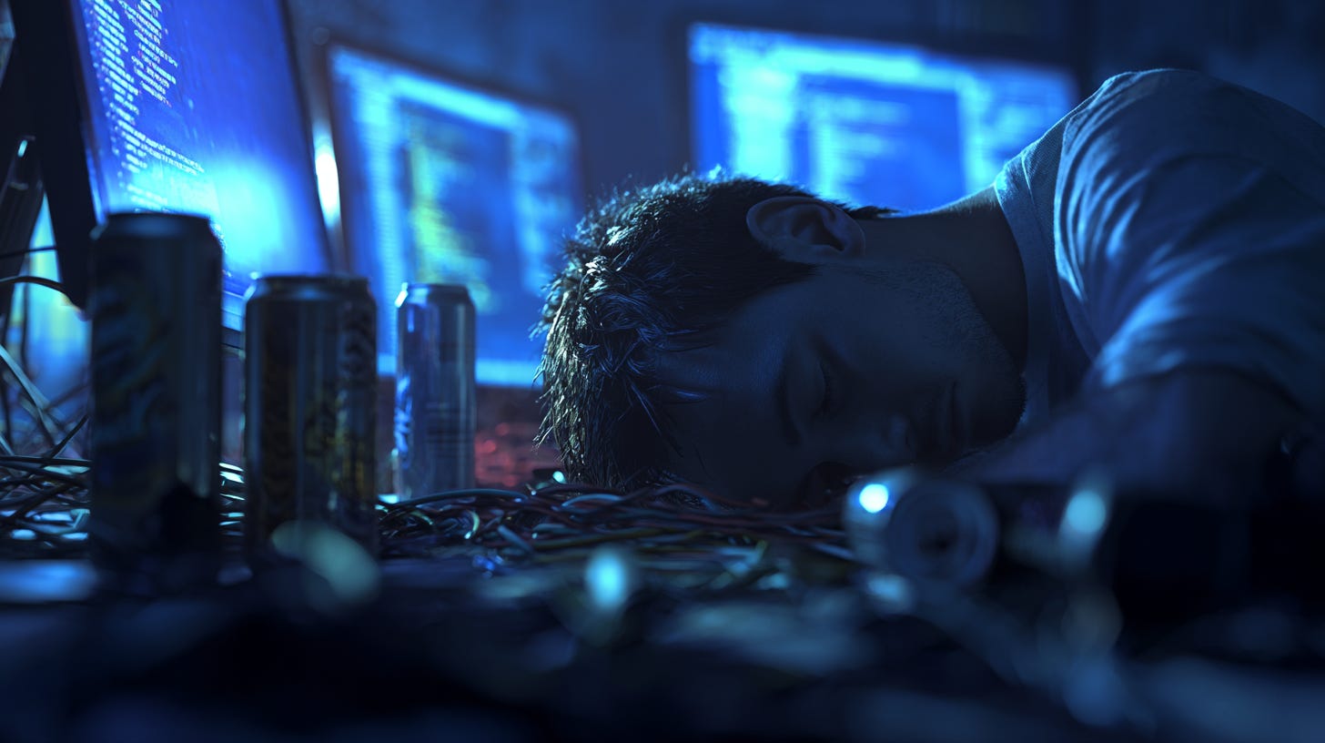 A burned-out software developer slumped at a desk in a dark room lit only by multiple glowing monitor screens, empty energy drink cans scattered around, tangled cables everywhere,