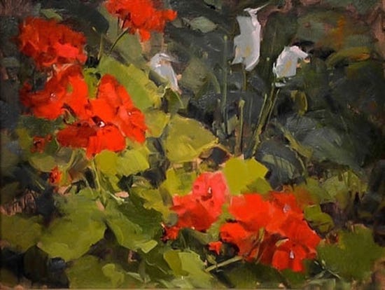Geraniums with Peace Lily, 11 x 14", Oil, © Kaye Franklin Oil Painting of Geraniums and Peace Lily © Kaye Franklin