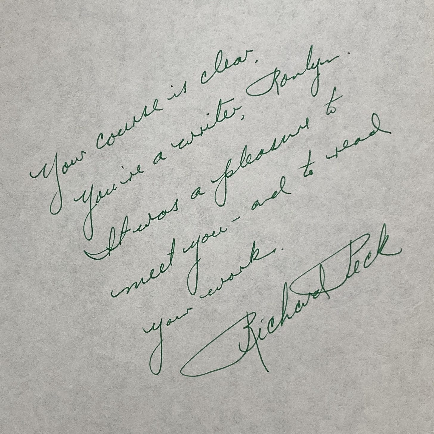 Handwritten note of encouragement by YA author Richard Peck