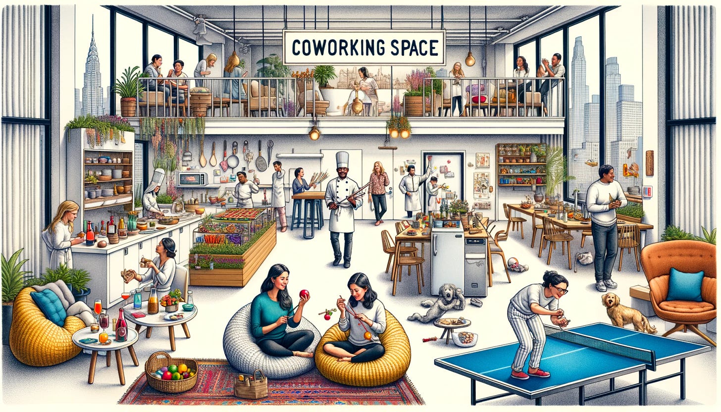 Visualize an imaginative office space with a playful and casual atmosphere, embodying the concept of work-as-play that emerged in the 1990s tech companies. In the foreground, illustrate a diverse group of employees engaging in various leisure activities: a South Asian female doing yoga, a Black male knitting in a workshop, a Caucasian male relaxing on a bean bag chair, and a Hispanic female grabbing a drink from an open-concept kitchen area. The office should have elements of luxury dining, such as an elegant buffet table reminiscent of haute cuisine, and a Michelin-starred chef character preparing food. Include details like a fridge stocked with food, large windows with a view of a cityscape, and a ping pong table where two employees, a Middle-Eastern male and a White female, are enjoying a game. Add a sign that reads 'Coworking Space' in a stylish font, to tie in with the text's reference to the WeWork concept. The overall scene should be vibrant, modern, and filled with the energy of a place where work is optional and play is encouraged.