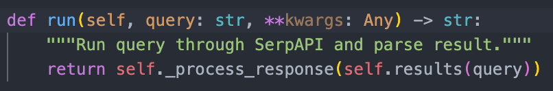 Looking at the run method of serpapi.run we see that for this function we take as input a string and output another string.