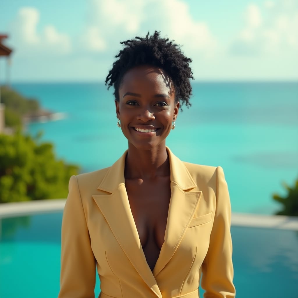 A stunning black female real estate agent, dressed in a crisp, tailored outfit, standing confidently in front of a breathtaking Jamaican luxury villa, with lush greenery and crystal-clear turquoise waters in the background. Her expression exudes poise and sophistication, as she gazes out at the horizon, her eyes shining with warmth and intelligence. A stunning black female real estate agent, dressed in a crisp, tailored outfit, standing confidently in front of a breathtaking Jamaican luxury villa, with lush greenery and crystal-clear turquoise waters in the background. Her expression exudes poise and sophistication, as she gazes out at the horizon, her eyes shining with warmth and intelligence.