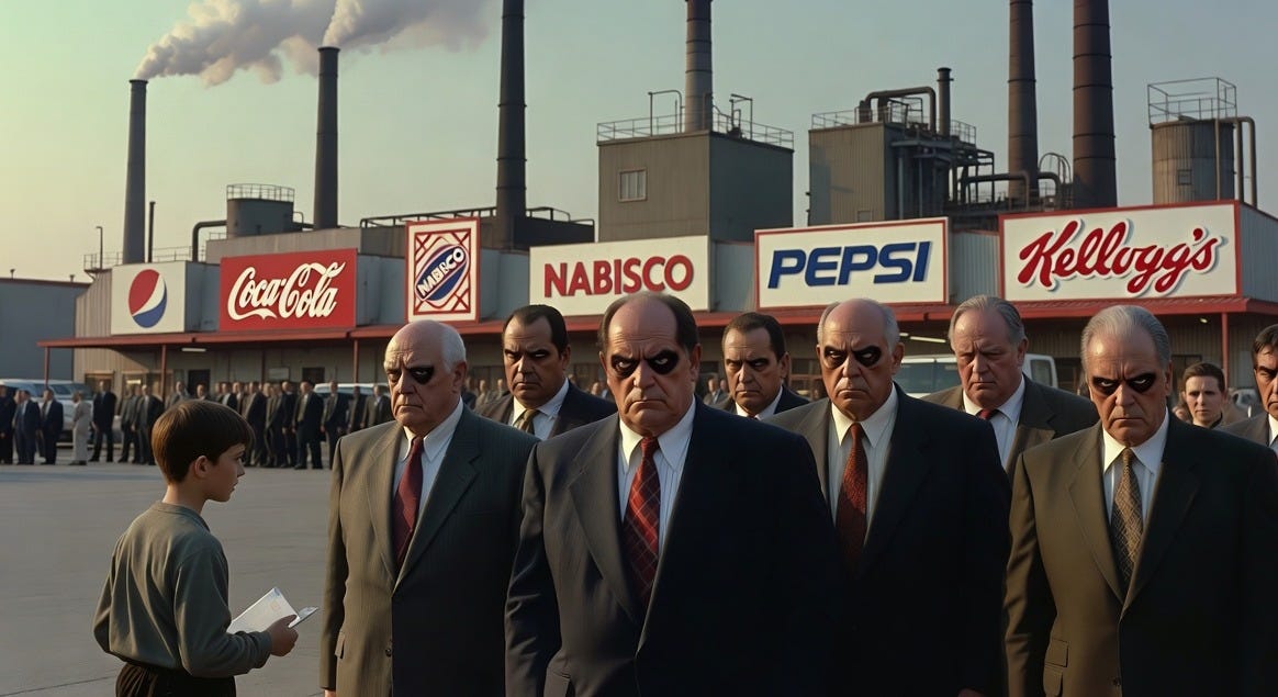 A young boy approaches business executives in an industrial setting with factories labeled Coca-Cola, Nabisco, Pepsi, and Kellogg's.