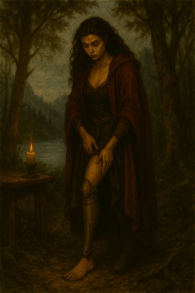 A dark fantasy image of Ezmerelda, visually reminiscent of Morena Baccarin, standing alone in the forest near Lake Baratok. She adjusts her prosthetic leg—a brass and wood construction etched with arcane symbols—with quiet focus. Her crimson cloak is swept back, revealing travel-worn leathers and the elegant, battle-ready prosthetic. Moonlight filters through the trees, casting silver highlights on her face and the lake beyond. The forest is misty and solemn, with twisted pines and moss-covered stones. Ezmerelda’s expression is calm, resolute, and powerful, embodying strength in solitude.