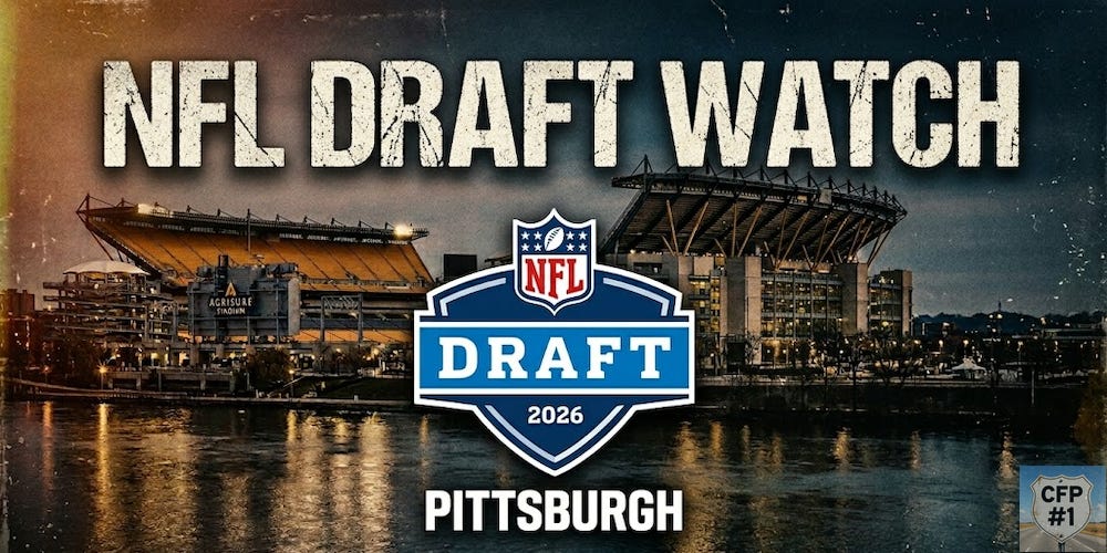 NFL Draft Watch social graphic featuring a sunset aerial view of Acrisure Stadium in Pittsburgh, Pennsylvania, with a large NFL Draft 2026 logo overlay. Deals on seats, fan gear, and premium college football content at NattyRoad.com NFL Draft Watch social graphic featuring a sunset aerial view of Acrisure Stadium in Pittsburgh, Pennsylvania, with a large NFL Draft 2026 logo overlay. Deals on seats, fan gear, and premium college football content at NattyRoad.com