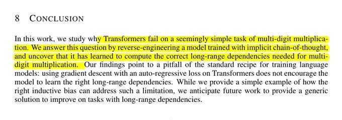 A research paper titled "Why Can\'t Transformers Learn Multiplication? Reverse-Engineering Reveals Long-Range Dependency Pitfalls" by MIT, Harvard, and Google DeepMind. The paper includes text discussing Transformer models, multi-digit multiplication, and training methods like implicit chain-of-thought.