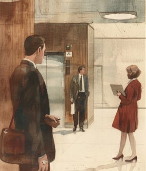 vintage watercolor illustration of a busy corporate hallway with employees moving past while one individual stands apart near an elevator vintage watercolor illustration of a busy corporate hallway with employees moving past while one individual stands apart near an elevator