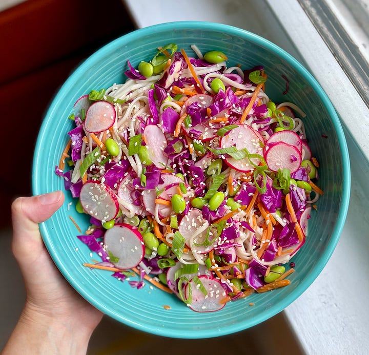 Four photos depicting two salads, a pink and yellow flower, and a writing notebook alongside a matcha tea.