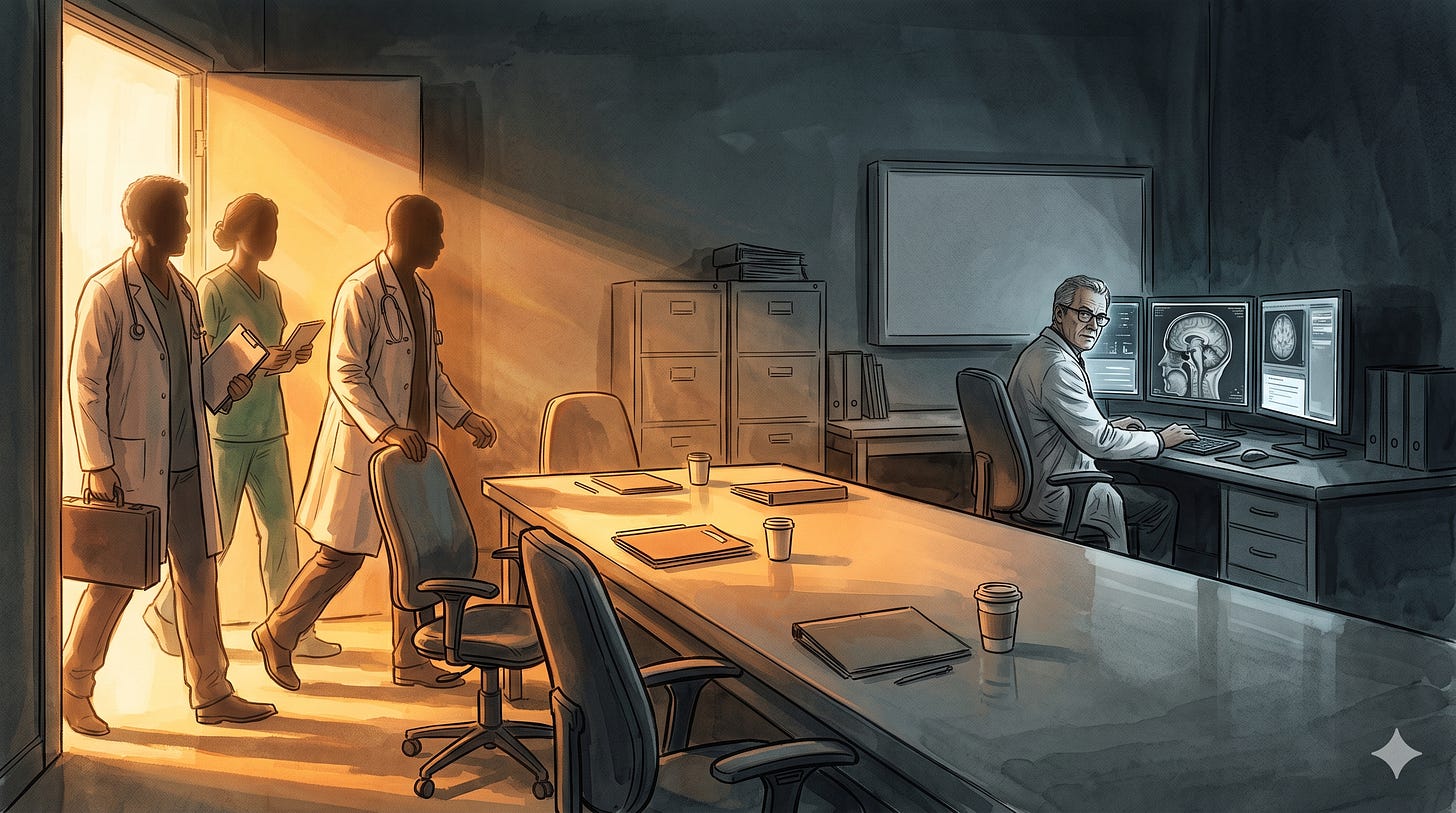 SCENE: A single doctor seated alone at a long reading-room table facing one backlit scan, and around the empty table three more chairs with the soft silhouettes of approaching colleagues just entering the warm light, about to sit TENSION: One solitary read now vs the council assembling to join it STYLE: Cinematic editorial illustration, warm rim light spilling across an otherwise cool dim room, hopeful arrival mood FORMAT: 16:9 aspect ratio, editorial illustration AVOID: glowing brains, blue/purple tech aesthetic, handshakes, conference-room stock energy, robots, text overlays