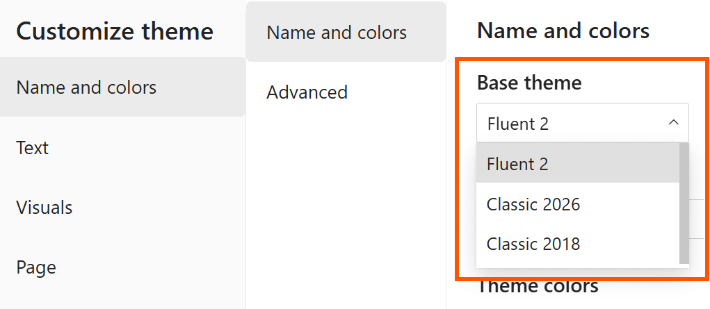 Screenshot of the Customize current theme dialog showing the base theme switcher used to revert to the previous base theme or update to the latest base theme.