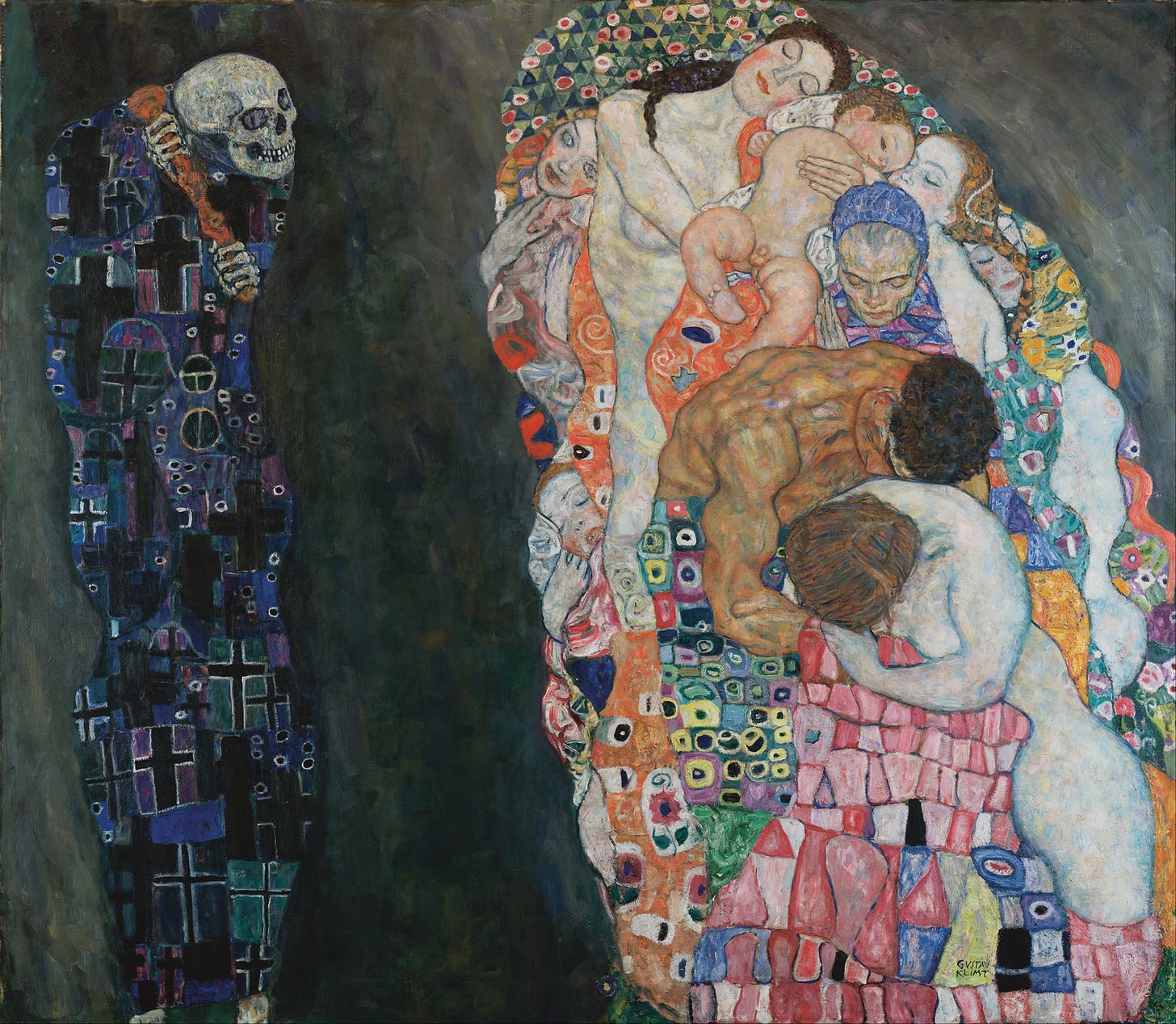 Skeleton figure beside sleeping human bodies