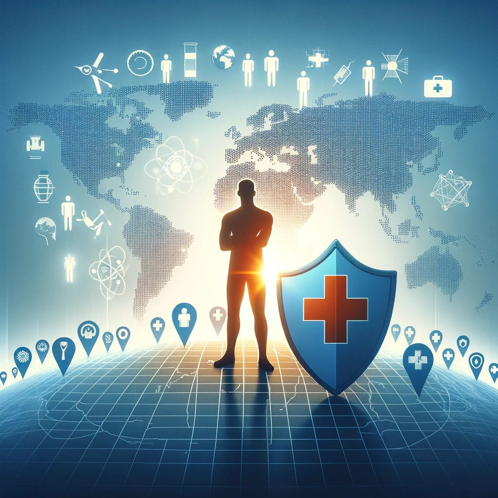 A visually engaging and symbolic image that represents the global impact of HPV on men without using any text or numbers. The image should feature a world map in the background, subtly integrating symbols of men and health, like a figure of a man standing confidently and a medical cross or shield symbolizing protection and healthcare. The globe should have a focus on diversity, indicating the worldwide prevalence of the disease, with different shades or colors representing various regions. The style should be modern and accessible, aiming to convey the message of global health and the need for inclusive prevention strategies against HPV, without relying on text or specific details that could date the image.