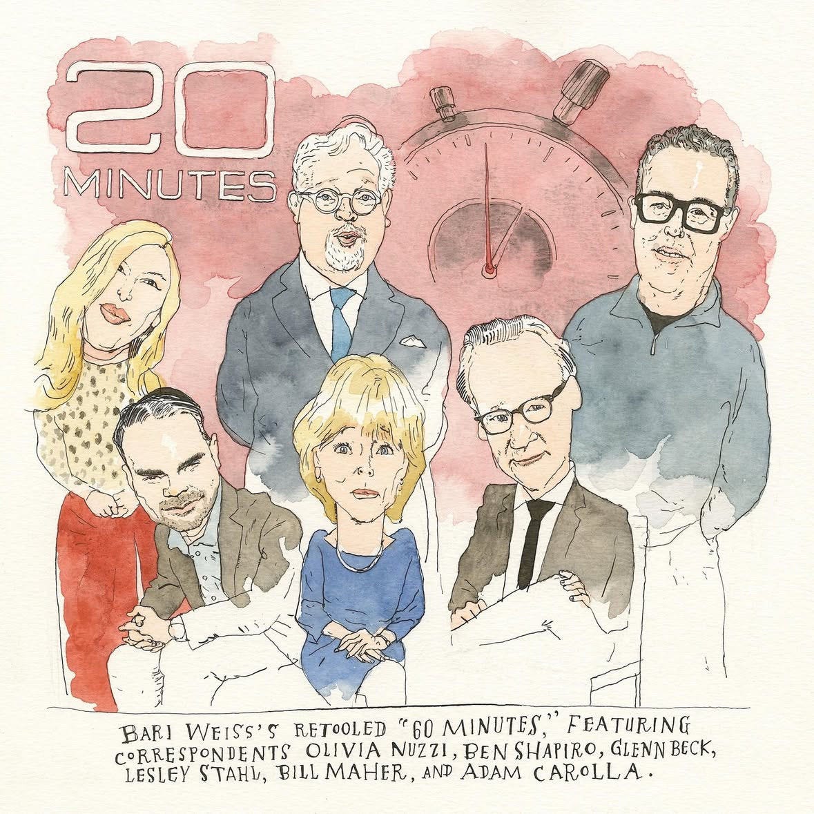 May be pop art of text that says '20 MINUTES রুরপী BAR] WEISS'S RETOOLED "60 MINUTES FEATURING CORRESPONDENTS LIVIA NUZZI BEN SHAPIRO, GLENN BECK, LESLEY STAHY, BILLMAHER AND ADAM CAROLLA.'