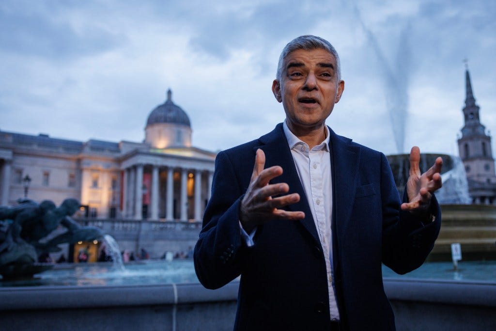 London Mayor Sadiq Khan speaking in Trafalgar Square.