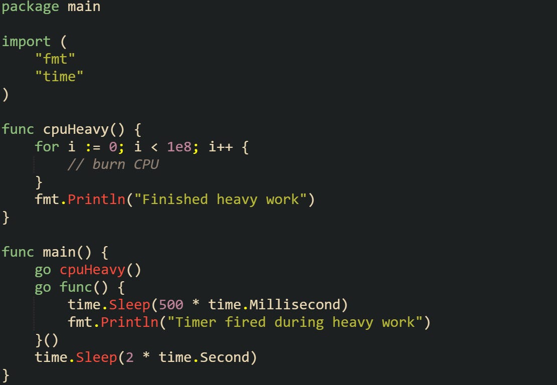 package main  import (     "fmt"     "time" )  func cpuHeavy() {     for i := 0; i < 1e8; i++ {         // burn CPU     }     fmt.Println("Finished heavy work") }  func main() {     go cpuHeavy()     go func() {         time.Sleep(500 * time.Millisecond)         fmt.Println("Timer fired during heavy work")     }()     time.Sleep(2 * time.Second) }