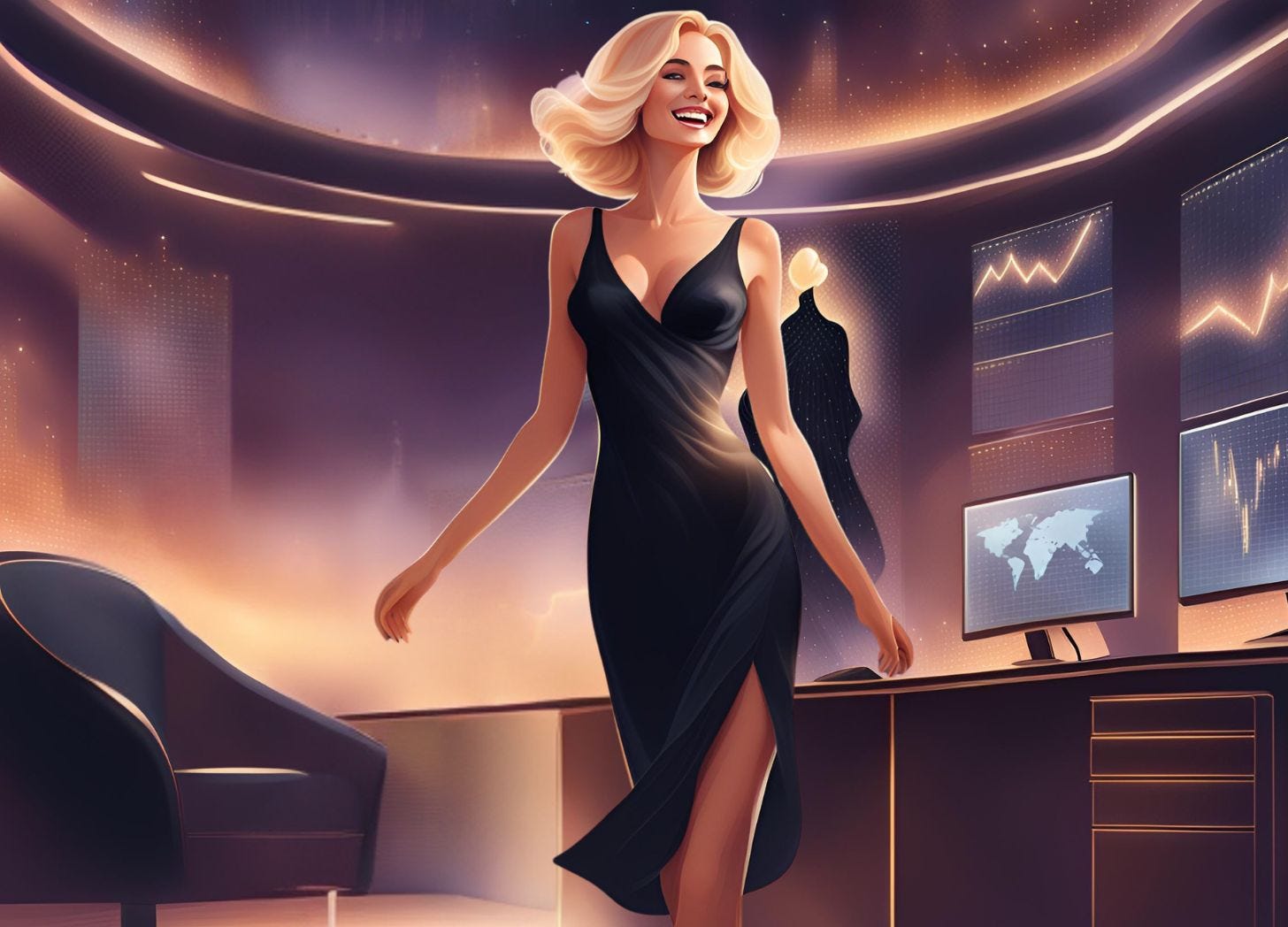 A woman with blonde hair wears a black dress smiles while the stock market crashes. She knows that now is the time to buy. A woman with blonde hair wears a black dress smiles while the stock market crashes. She knows that now is the time to buy.