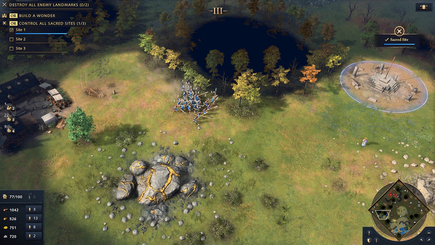A group of Men-At-Arms and Spearmen march between a trading post and a sacred site. A gold deposit is in the foreground, and the area is forested. There’s a nearby prelate, the religious unit for the Holy Roman Empire. A group of Men-At-Arms and Spearmen march between a trading post and a sacred site. A gold deposit is in the foreground, and the area is forested. There’s a nearby prelate, the religious unit for the Holy Roman Empire.