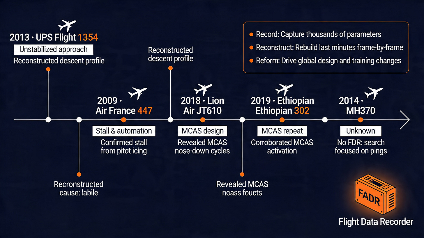 Infographic showing five major aviation accidents and how flight data recorders enabled investigators to understand causes and improve safety.