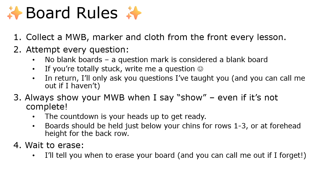 Boad Rule Notes mini whiteboards, but first - by Caiti Wade