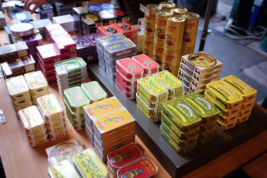 An array of tinned fish from the Tinned Fish Market, Borough Market