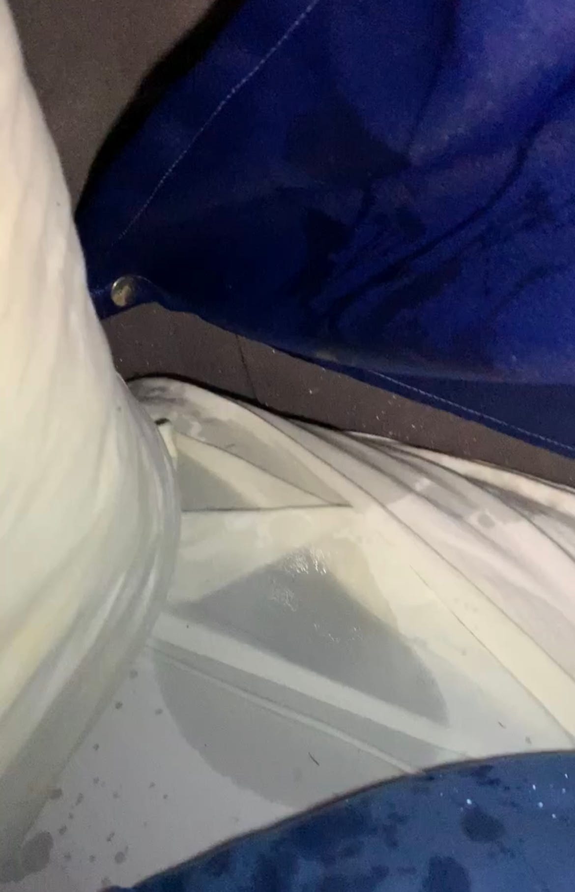Water leaking inside the camper van onto the bedding during the rainy camping disaster