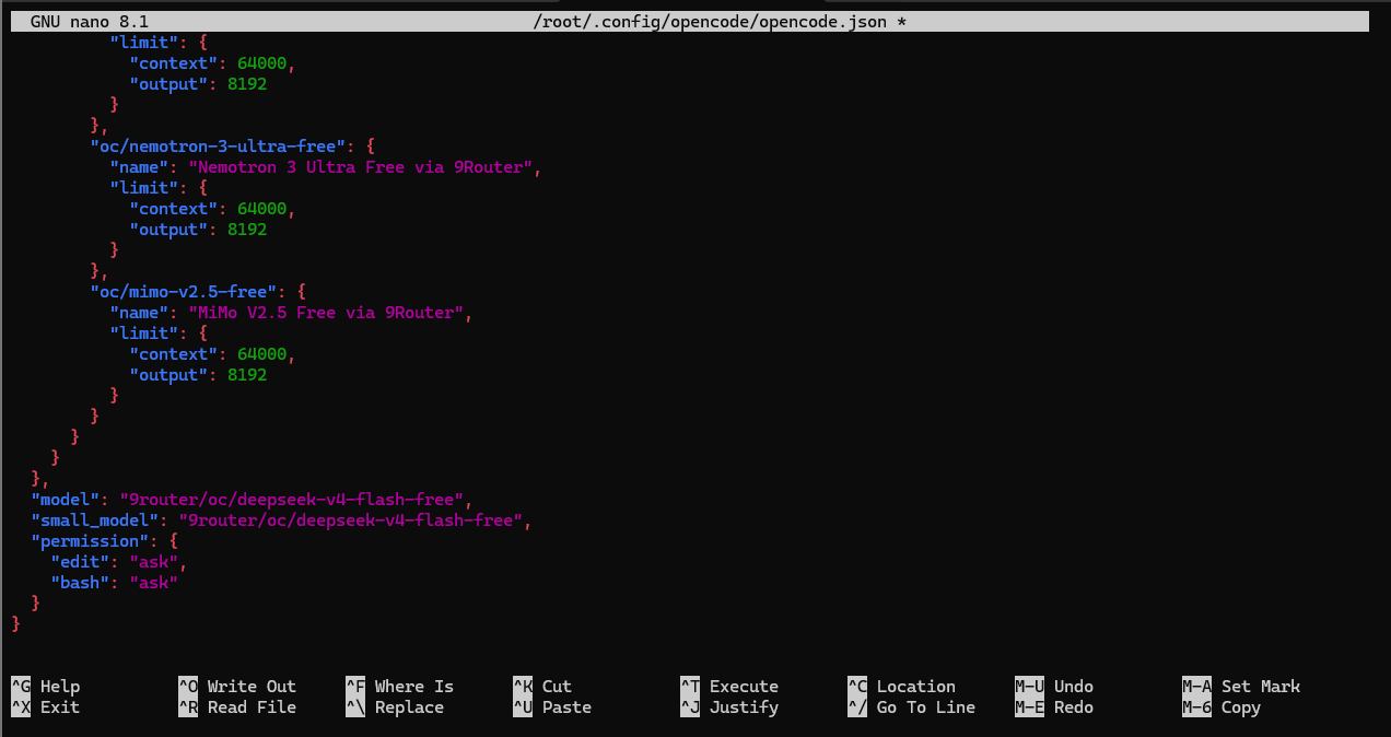 OpenCode config file with the 9Router provider. OpenCode config file with the 9Router provider.