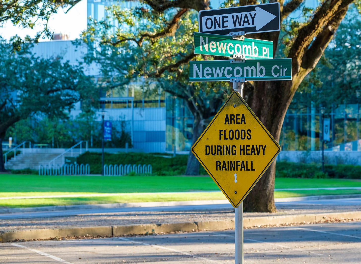 Road signs in New Orleans. Floods during heavy rainfall.