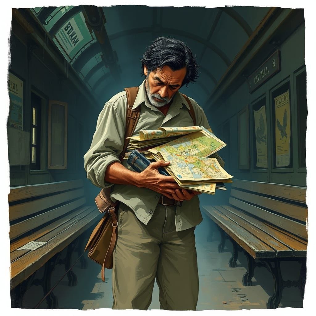 A weary traveler weighed down by guide books