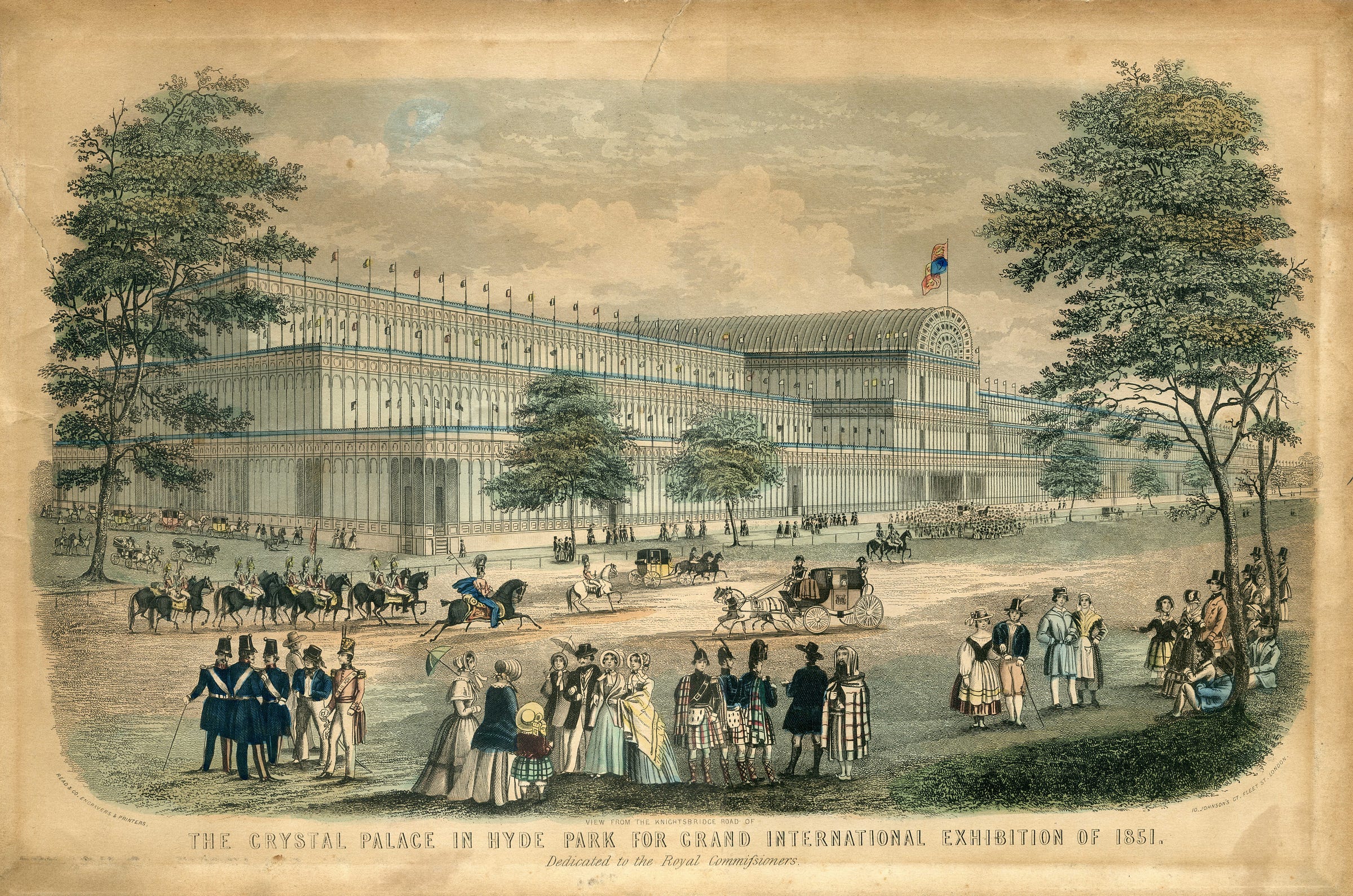 The crystal palace in the background, people and horseback riders in the front