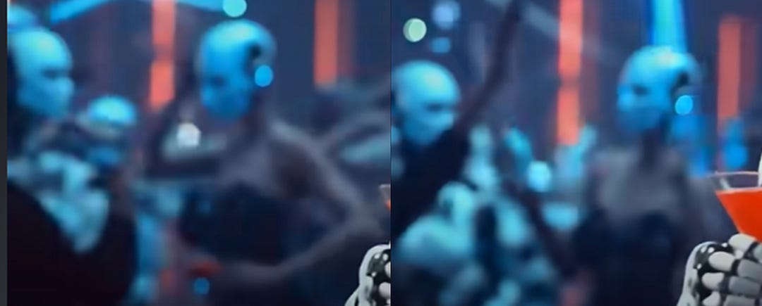 Side-by-side panel of screenshots of the commercial. One figure with a robot head and human body dances amongst several full robots.
