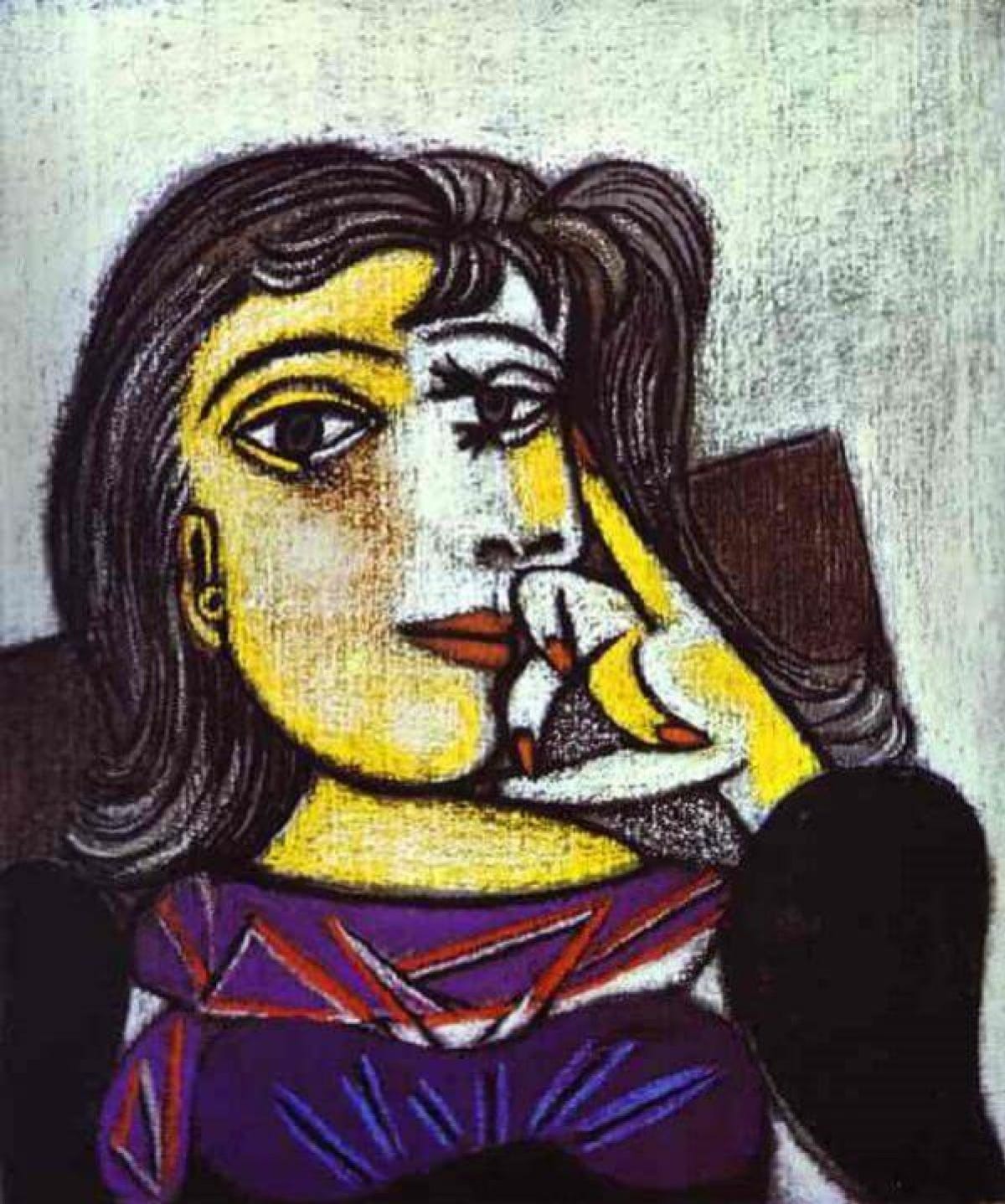 This is an abstract painting of a person with shoulder-length hair, where the eyes and nose don’t look how they normally do with yellow, white, brown and purple accents.                                                                                                                                  Esta es una pintura abstracta de una persona con cabello hasta los hombros, donde los ojos y la nariz no se ven como normalmente se ven con detalles en amarillo, blanco, marrón y morado.