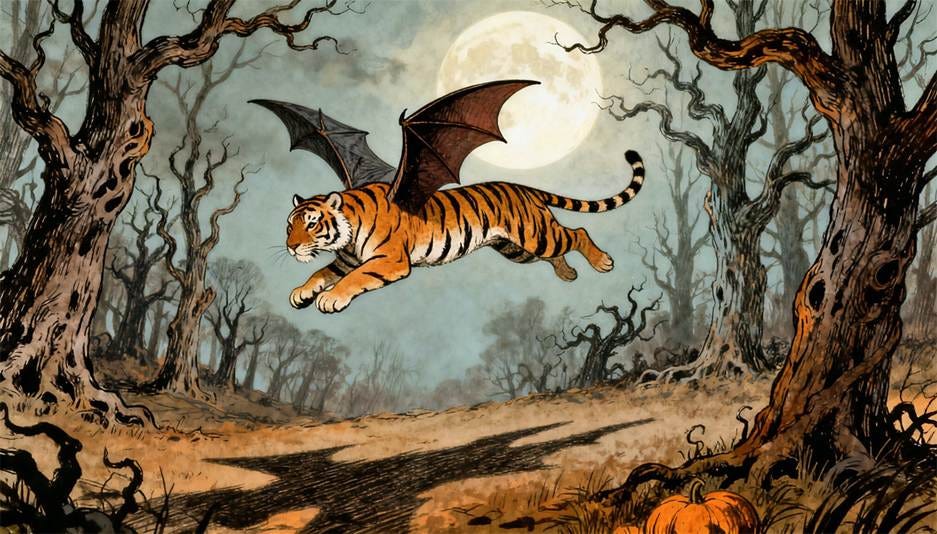 A tiger with wings flying over a forest

AI-generated content may be incorrect.