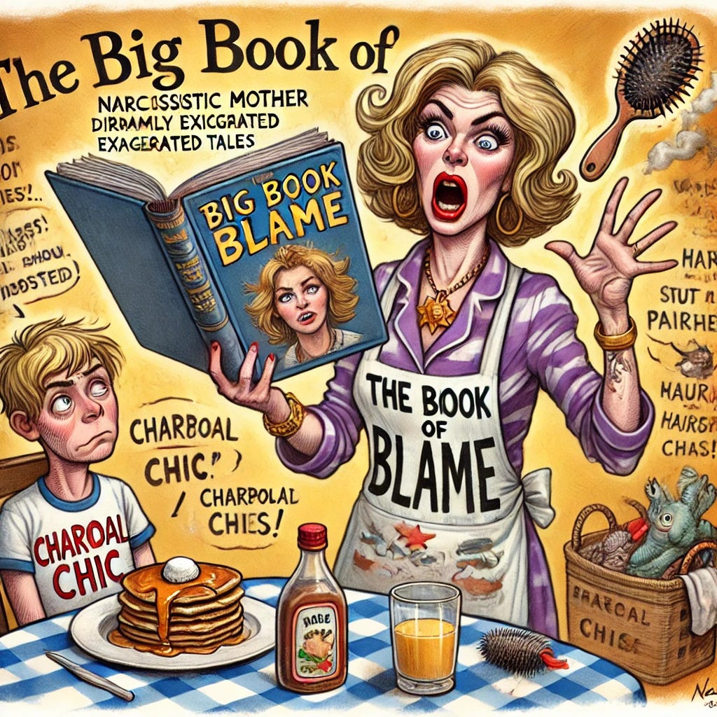 A satirical cartoon-style illustration featuring a narcissistic mother dramatically holding a large book titled 'The Big Book of Blame' while spinning exaggerated tales. The father, depicted as a kind and calm figure, sits nearby with a plate of pancakes and a confused expression. The child, holding a stuffed dragon, looks skeptical but amused. The background includes playful elements like a burnt piece of toast labeled 'charcoal chic' and a hairbrush stuck in a laundry basket. The overall tone is whimsical and light-hearted, mocking the absurdity of the mother’s behavior.