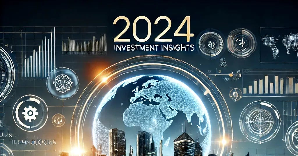 A professional and sleek digital graphic titled '2024 Investment Insights,' featuring a futuristic city skyline symbolizing innovation, with glowing financial charts and graphs integrated into the scene. The design should include elements like a stock market ticker, icons of emerging technologies such as AI, robotics, and renewable energy, and a subtle world map in the background. The color palette should be modern and vibrant, using shades of blue, green, and gold to convey growth and prosperity. The text should be prominent but harmonious with the visuals, making it engaging and informative.
