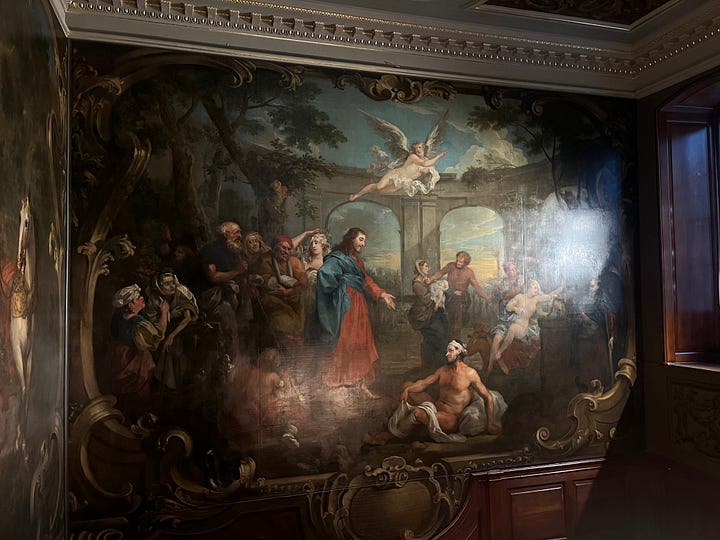 Two William Hogarth paintings depicting the Biblical parables of the Good Samaritan and Christ at the Pool of Bethesda.