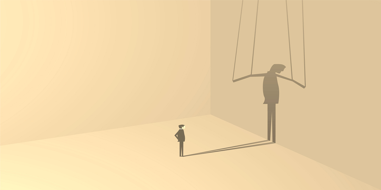 Man with marionette shadow on wall Man with marionette shadow on wall