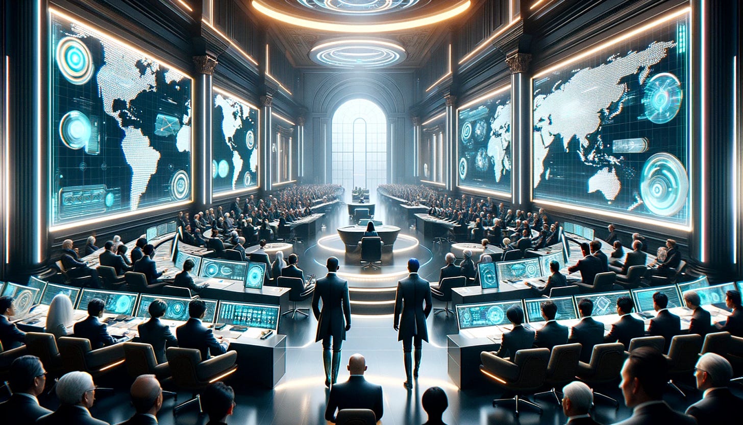 A reimagination of the Philadelphia Constitutional Convention, set in the year 2040. The scene unfolds in a high-tech conference room with sleek, futuristic designs, and panoramic digital screens displaying global maps and data. The delegates, diverse in ethnicity, are dressed in contemporary 2040 fashion, featuring smart clothing with integrated technology, and accessories like augmented reality glasses. The room is equipped with advanced AI assistants and interactive holographic displays. The atmosphere combines a blend of historical gravity and cutting-edge technological advancements, reflecting a future vision of governance and collaboration.
