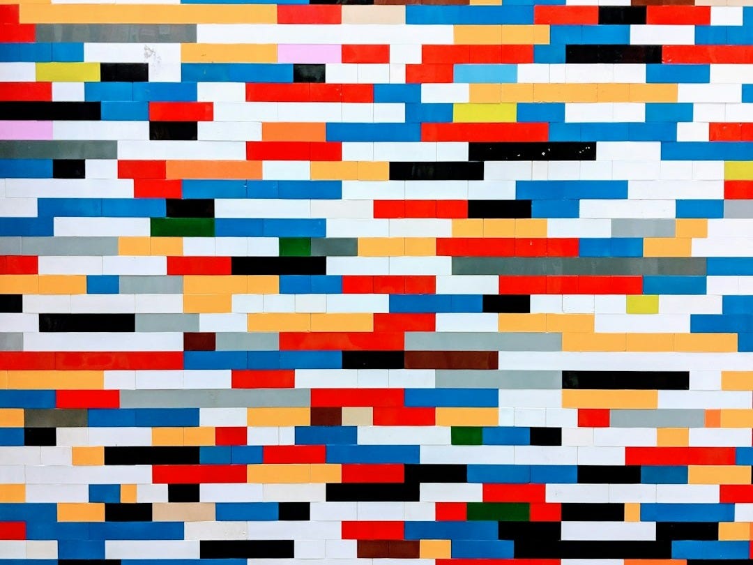 blue, red, and white artwork