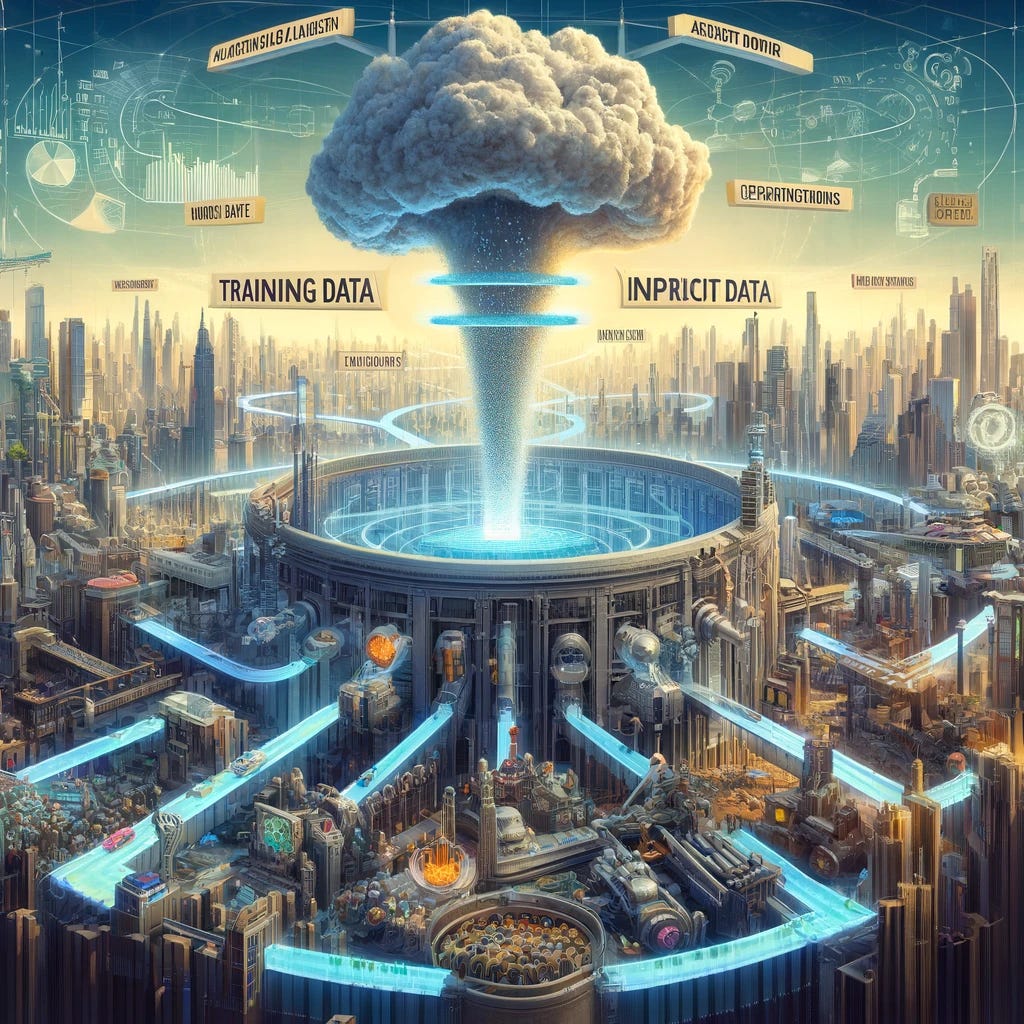 Create an illustration that visualizes the interplay between the three broad markets in the artificial intelligence (AI) industry: training data, input data, and AI predictions, as discussed in the paper by Joshua S. Gans on 'Market Power in Artificial Intelligence'. The image should depict data as the core element that fuels AI development, showing its flow between these markets. Highlight the importance of data trading across firm boundaries in determining the dynamics of market power. Include symbolic representations of companies or entities as they navigate the competitive landscape, influenced by their access to and control over data, and the crucial role of data markets in either facilitating or hindering competition. The scene should embody the essence of how market power emerges and persists within the AI ecosystem, providing a visual narrative that encapsulates the paper's analysis and conclusions on the economics of AI. The style should be informative yet engaging, suitable for a broad audience including researchers, policymakers, and the general public.