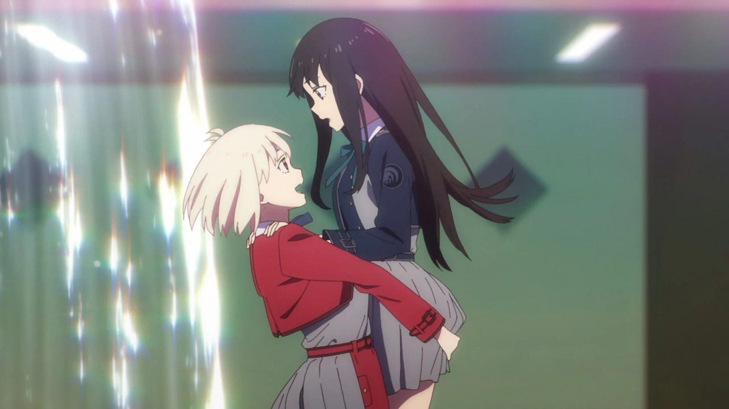 Chisato lifting Takina up literally and figuratively. Chisato lifting Takina up literally and figuratively.