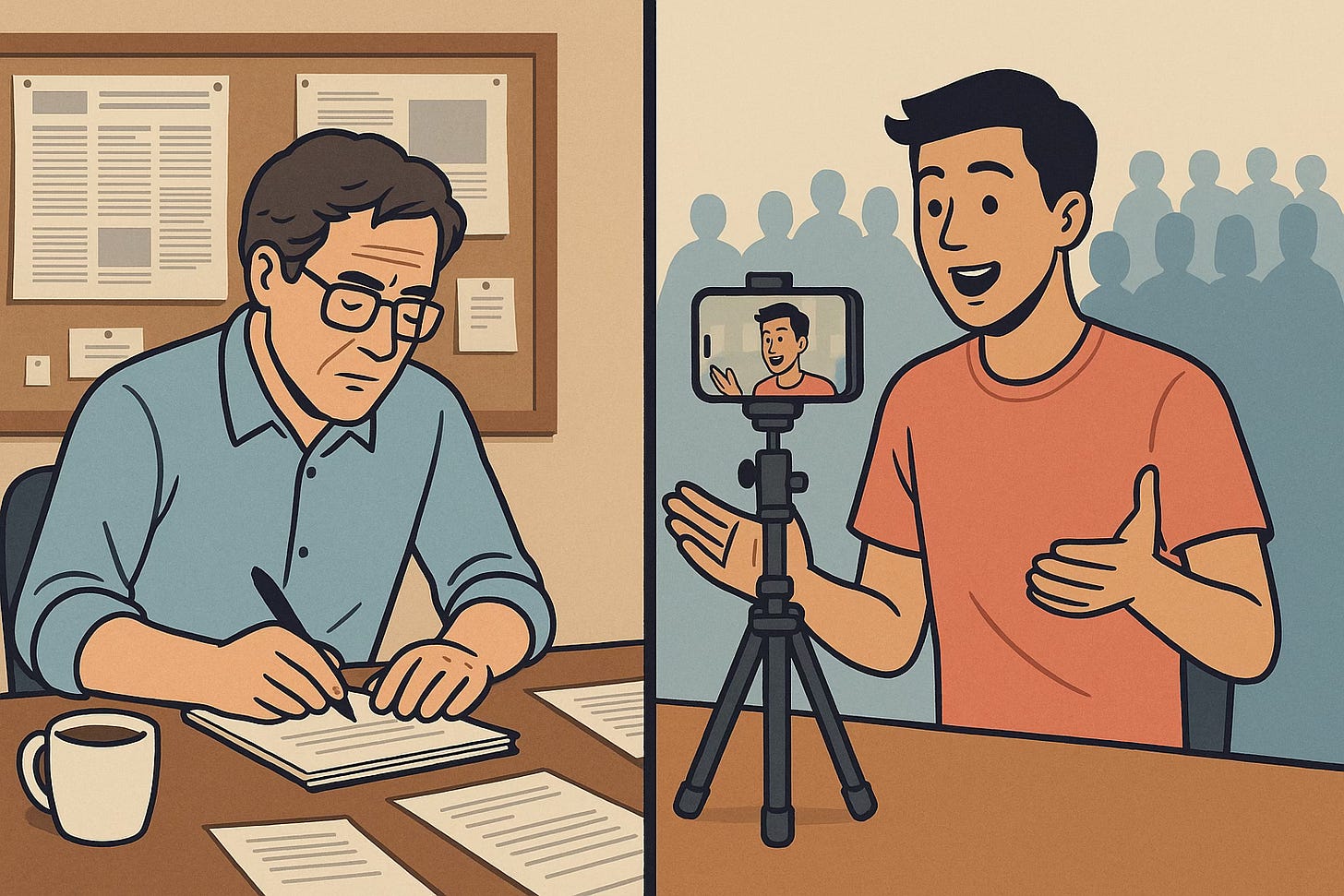 A horizontal split-frame illustration showing a traditional reporter on the left, writing at a desk with notes and coffee, contrasted with a young social media creator on the right, filming with a smartphone on a tripod and engaging a larger, visible audience in the background. A horizontal split-frame illustration showing a traditional reporter on the left, writing at a desk with notes and coffee, contrasted with a young social media creator on the right, filming with a smartphone on a tripod and engaging a larger, visible audience in the background.