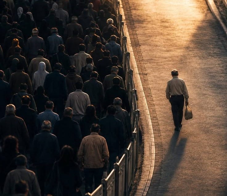 This may contain: a man is walking down the street in front of a crowd with his back to the camera