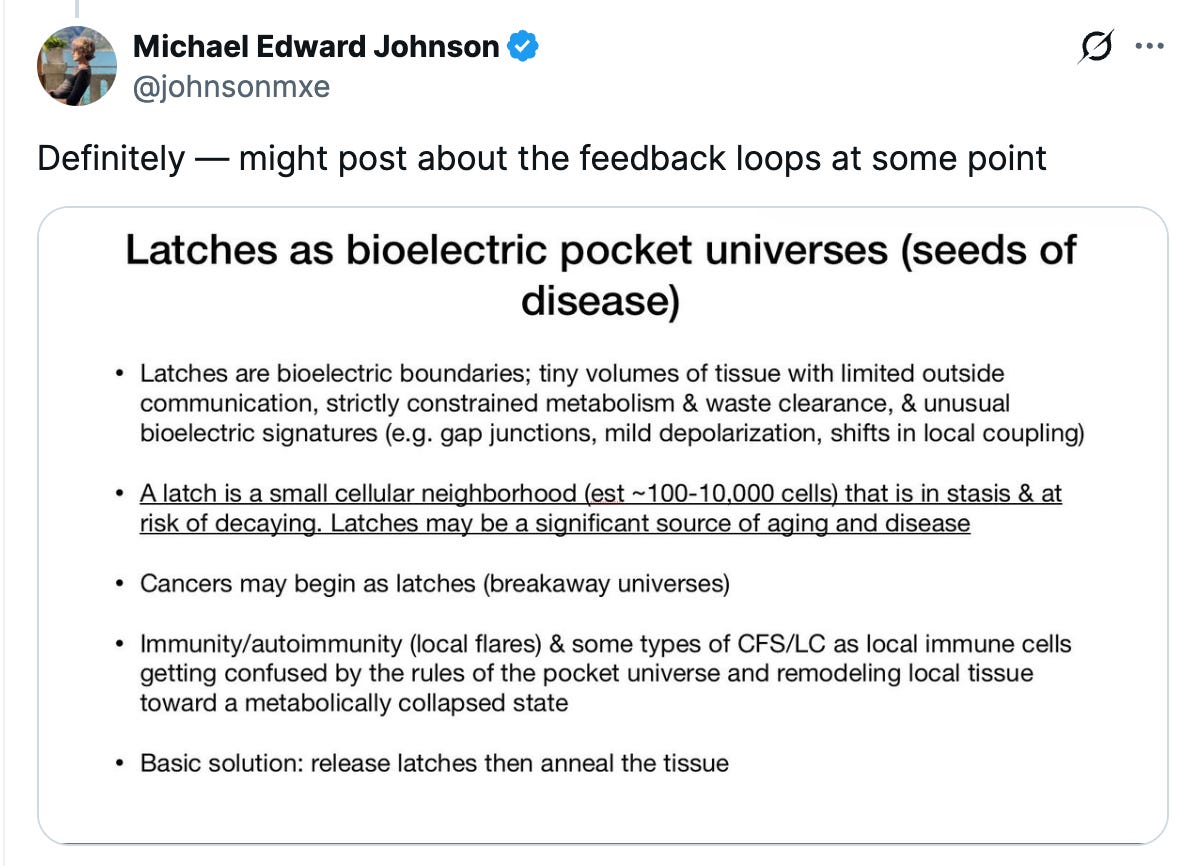 A post by Michael Edward Johnson describing latches as bioelectric pocket universes and possible seeds of disease A post by Michael Edward Johnson describing latches as bioelectric pocket universes and possible seeds of disease