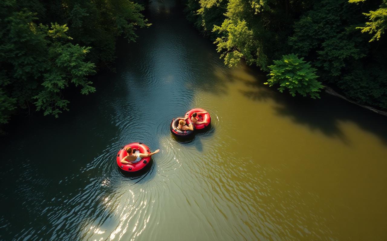 People floating in inflatable tubes down a calm forested river