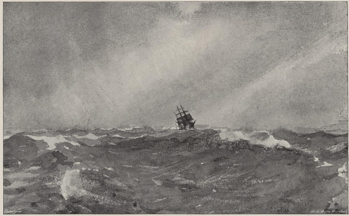 A black and white illustration featuring a tall ship leaning precariously, driven by a fierce wind on a storm tossed sea.