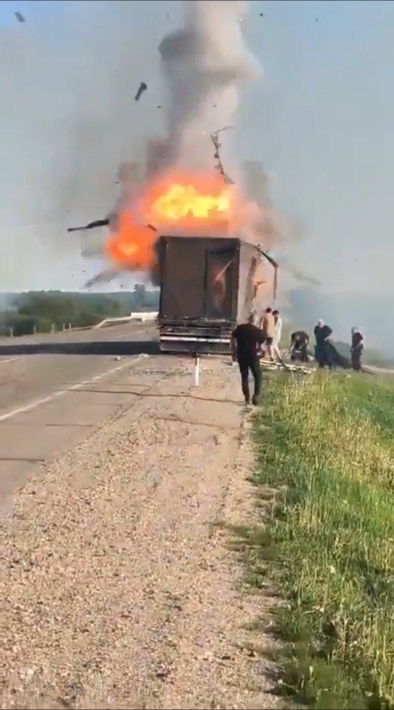 "Operation Spiderweb" Image showing mobile wooden cabin as it self destructs after launching dozens of drones hundreds of miles inside Russia