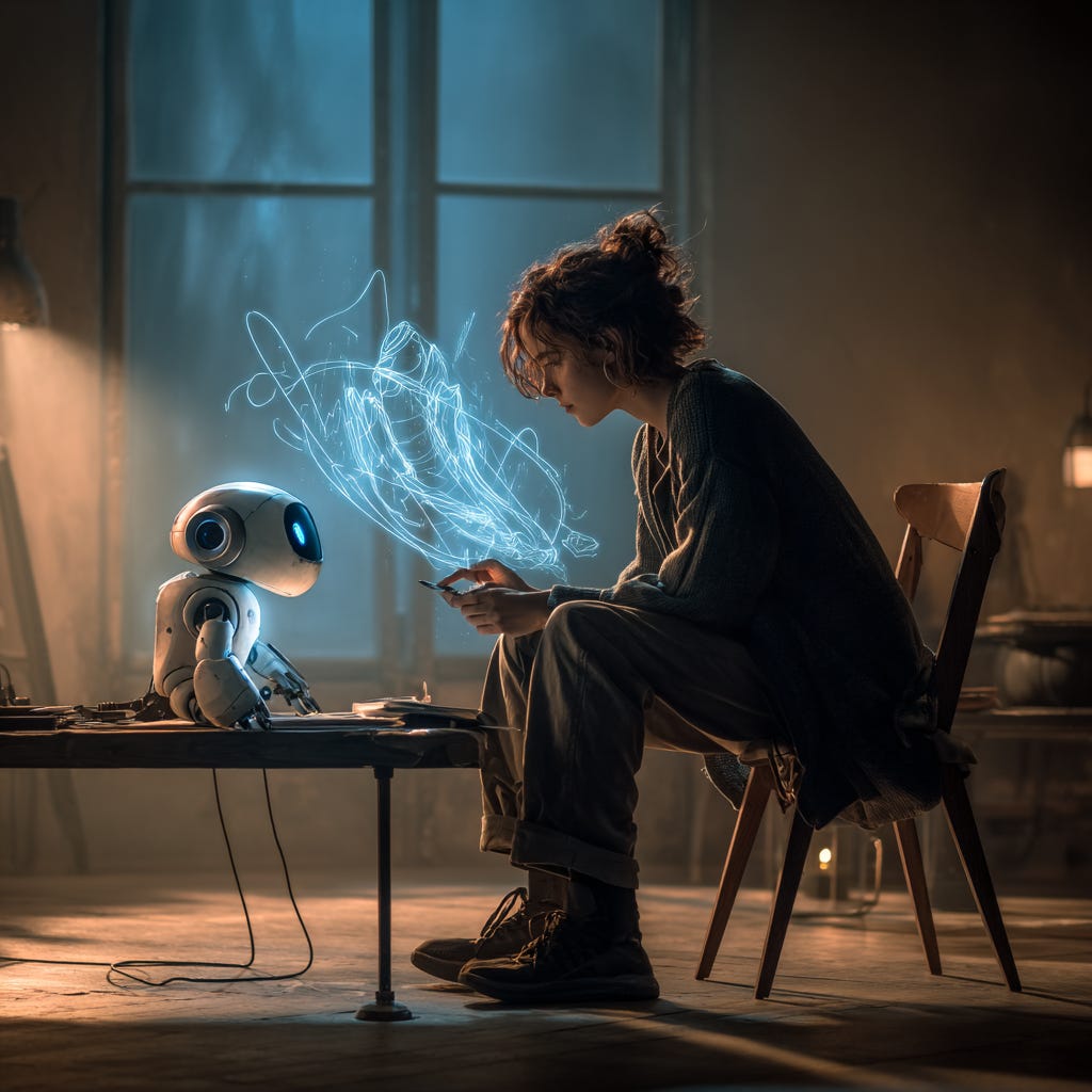 A young woman sits at a minimalist desk in a spacious room, leaning forward with a focused expression. Beside her is a small, friendly-looking robot that's projecting holographic sketches into the air between them.