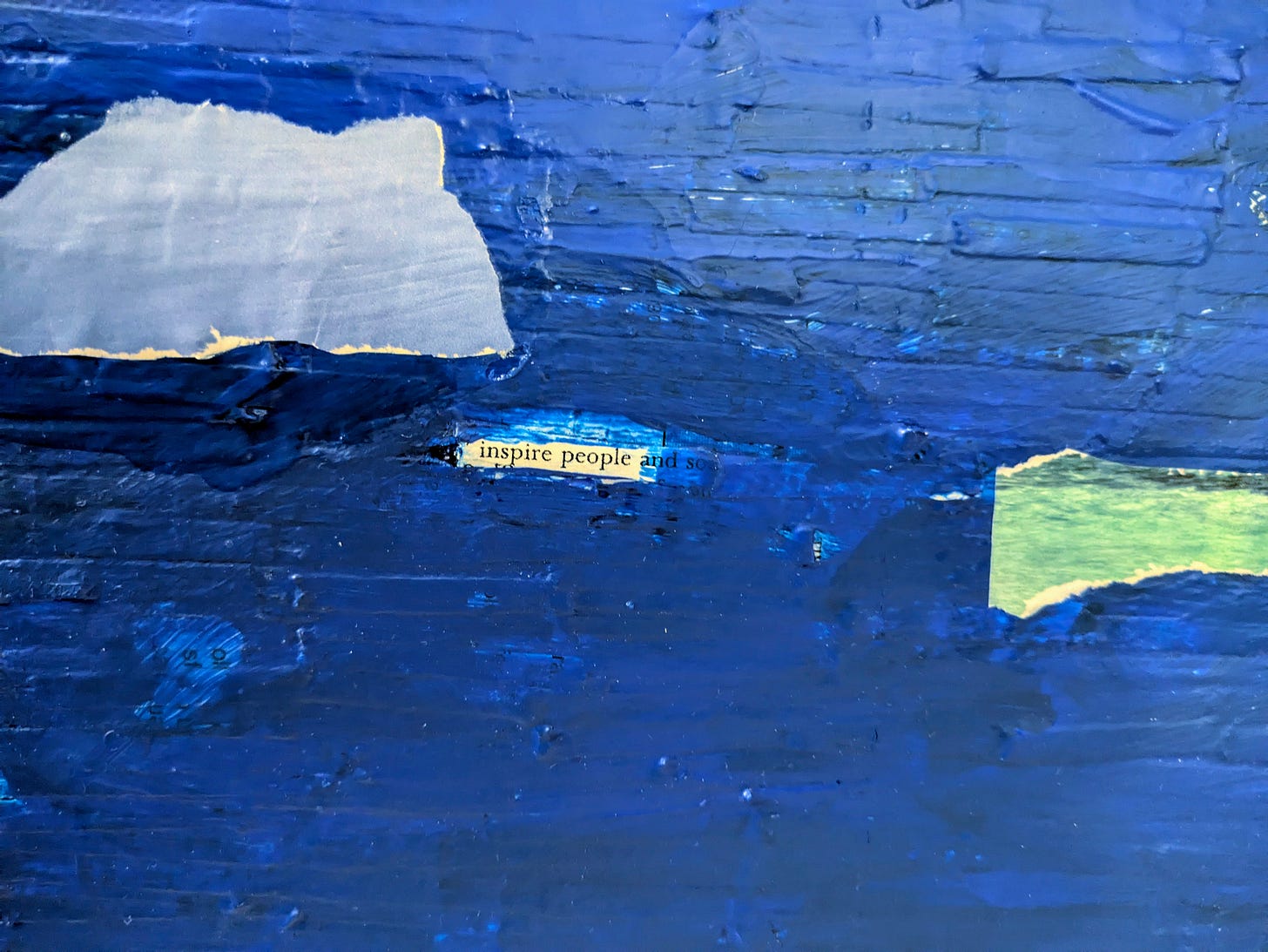 I’m not sure how I feel about this piece but sharing anyway as a matter of getting over my hangup about promoting my artwork. “Aspirational Rowing” Made from: shredded junk mail, acrylics, magazines. 18x24 salvaged canvas. 