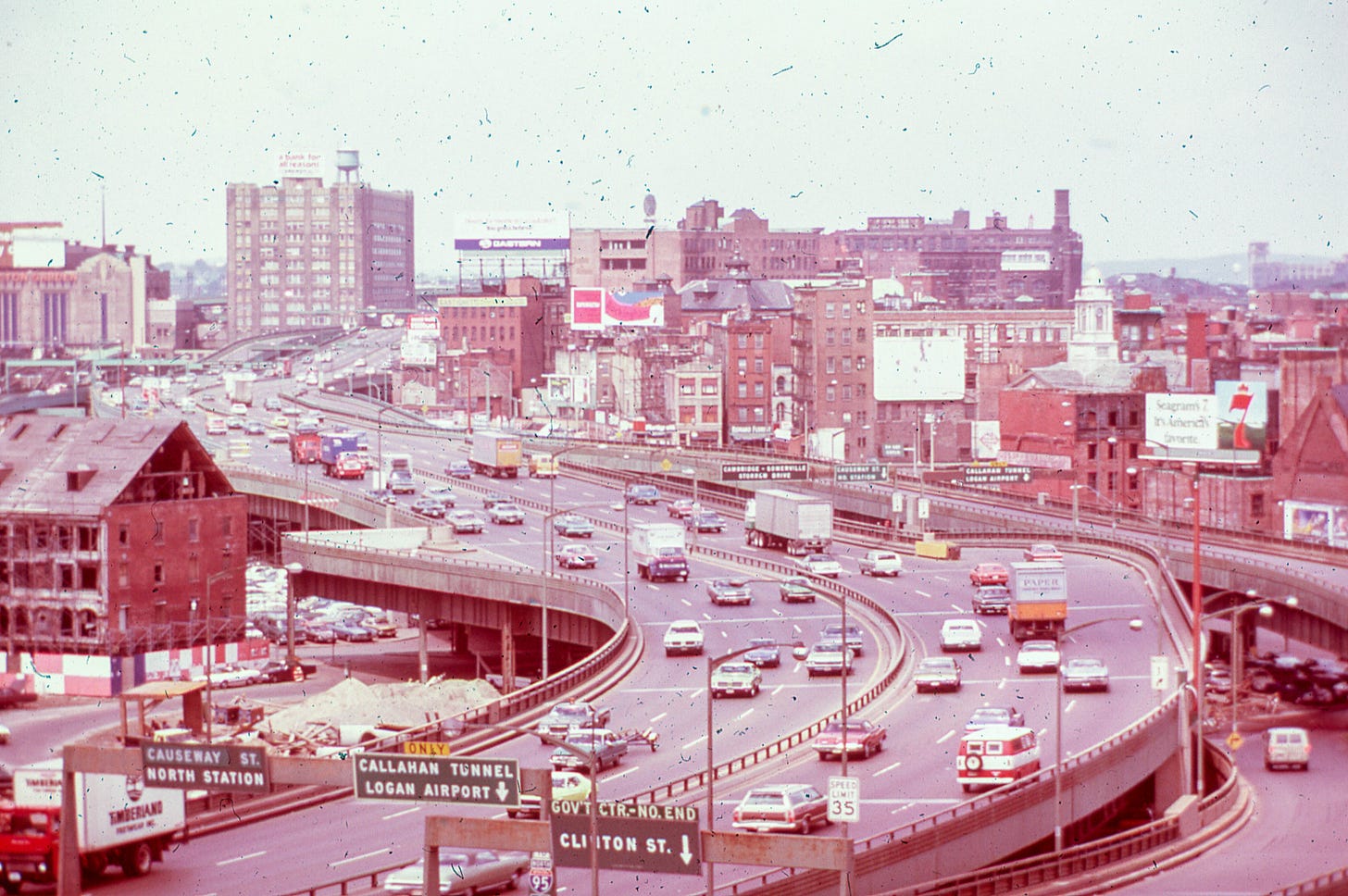 The Central Artery freeway cut through the core of downtown Boston. Photo by Massachusetts Department of Environmental Protection. The Central Artery freeway cut through the core of downtown Boston. Photo by Massachusetts Department of Environmental Protection.